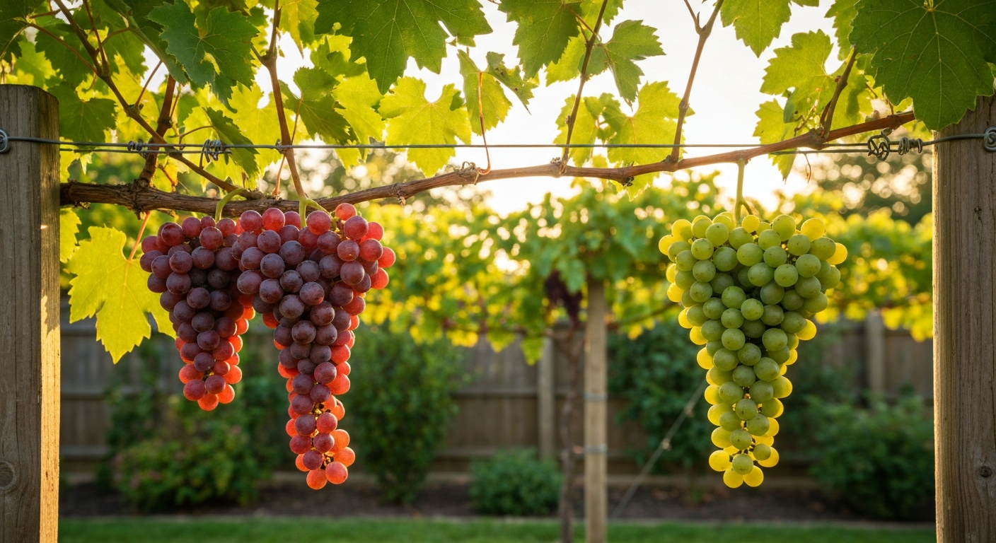 Backyard trellis with side-by-side red and green grapevines bearing ripe clusters.