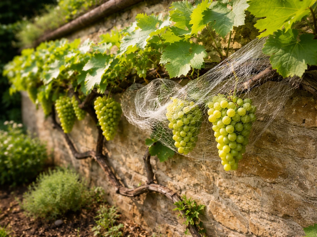Sunlit grapevine on an England garden wall with visible clusters and protective netting