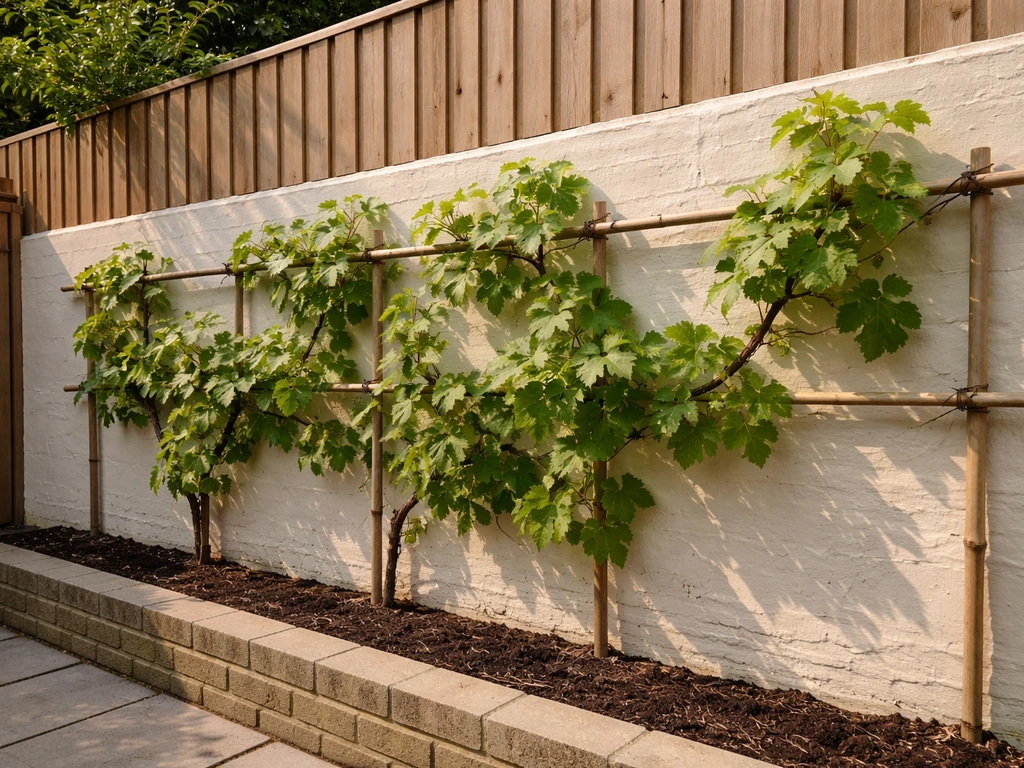 Grapevines trained on a trellis along a south-facing sheltered wall in full sun.