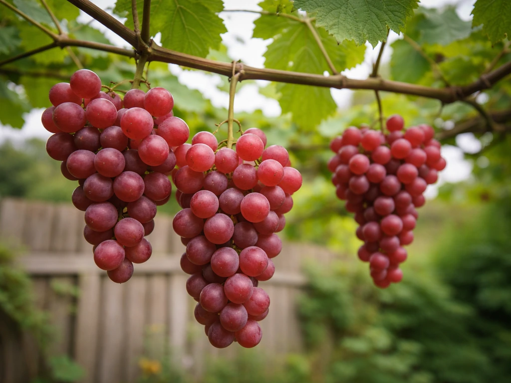 Ripe red seedless grape clusters hanging on a UK home-garden vine ready to harvest.