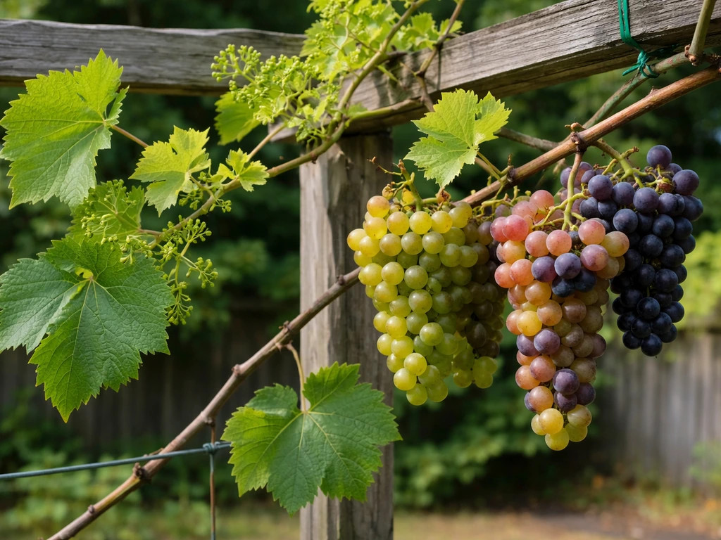 Grape vine on a trellis showing early growth and ripening clusters together in natural daylight.