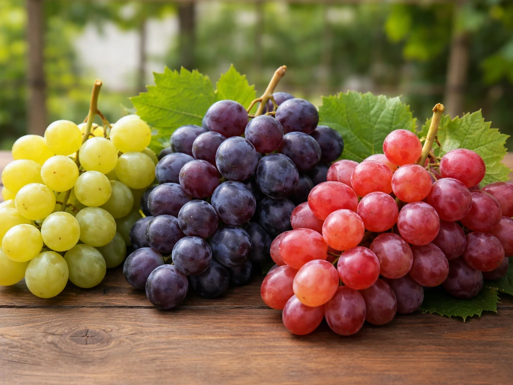 Fresh grape clusters in white, red, and blue on a wooden table with blurred vine trellis behind