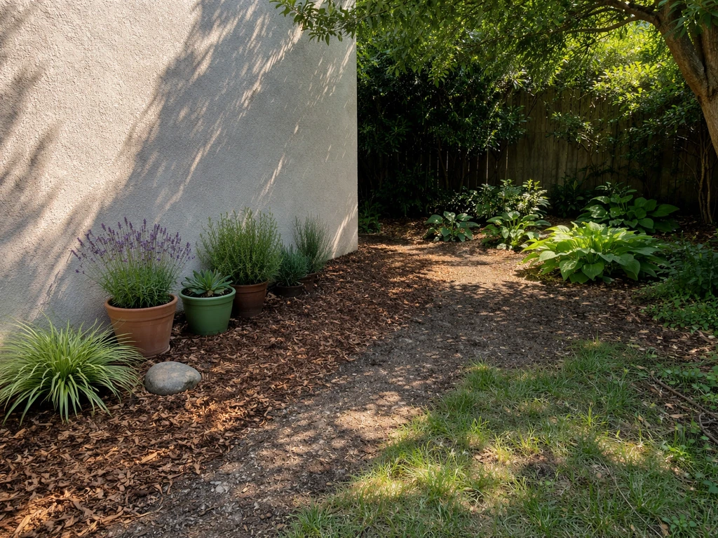 Garden yard showing a sunlit south-facing wall and a nearby shaded planting spot for microclimate choice