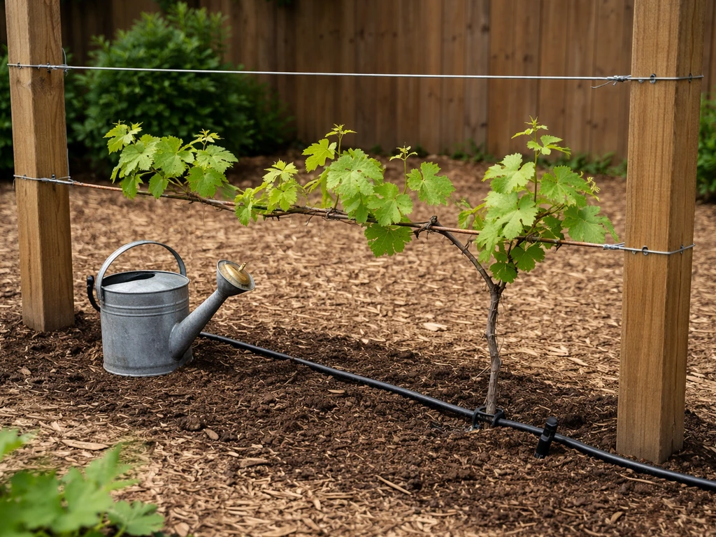 Young grape vine trained onto a simple two-wire trellis in a backyard garden with watering nearby