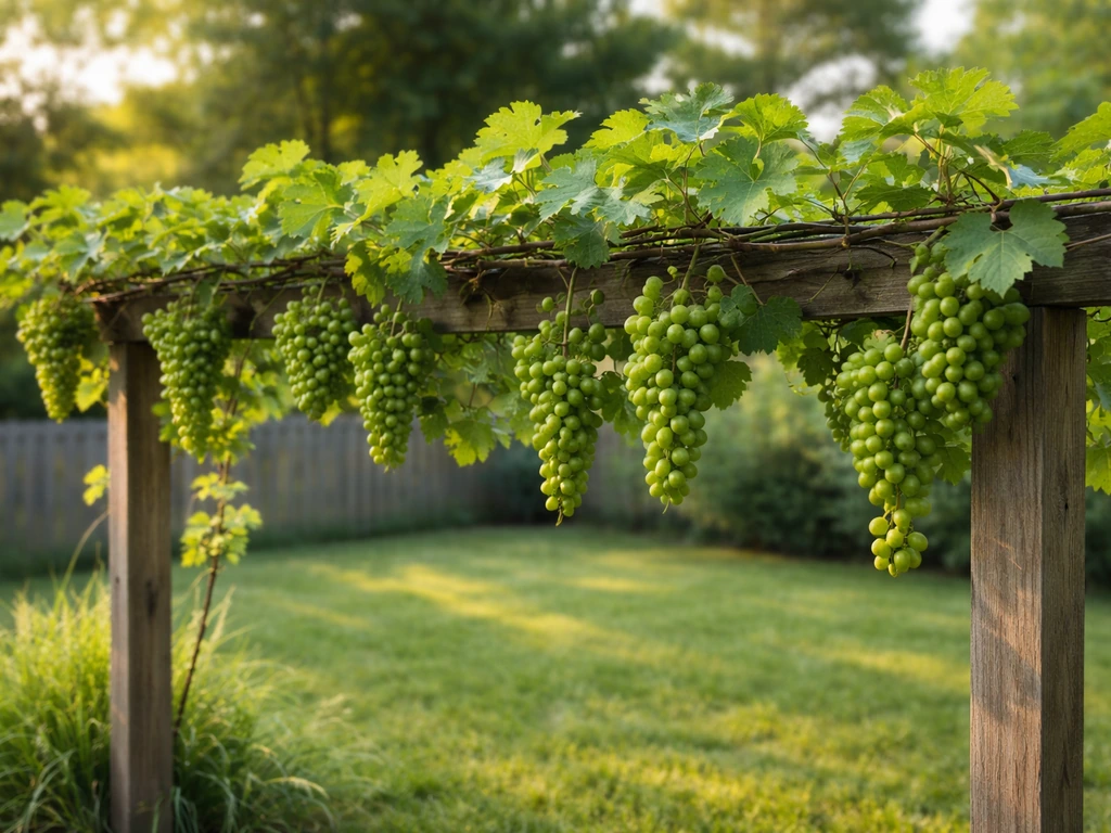 Green grape clusters hanging on a backyard trellis with healthy vines in natural morning light.