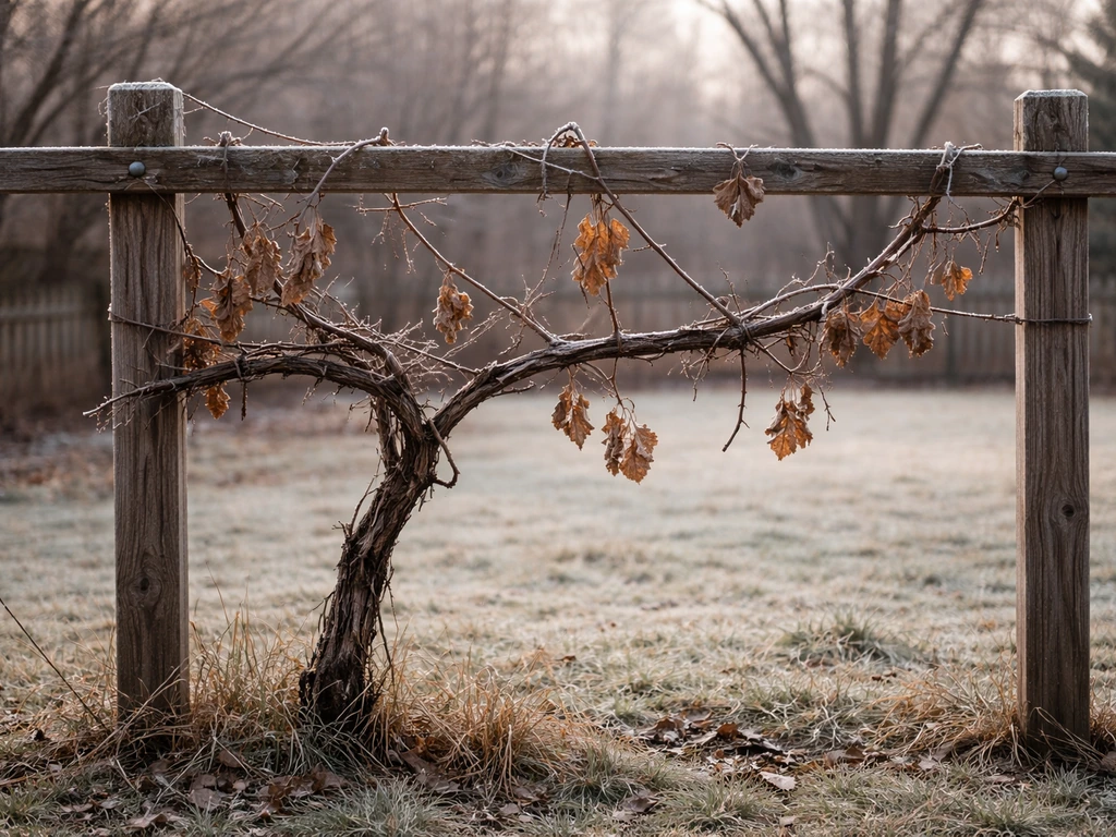 Cold-season backyard grapevine on a trellis with frost-dusted leaves in a Wisconsin-like setting