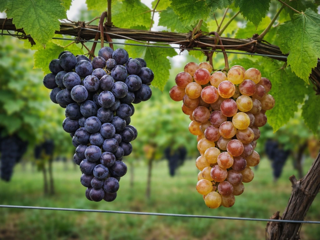 Ripe grape clusters on a Michigan vineyard vine with green leaves and trellis wires in the background.