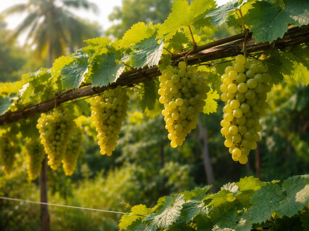 Ripe grape clusters on a trellis with tropical greenery softly blurred in warm sunlight.