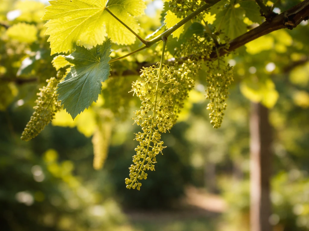 Close-up of grapevine buds and tiny blossoms in hot tropical sunlight, soft breeze and shallow depth of field.