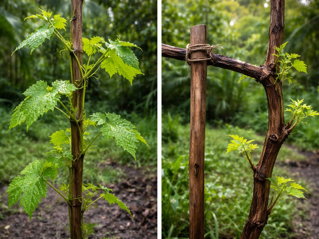 Wet tropical grapevine with green shoots along nodes beside a nearby bare cane section.