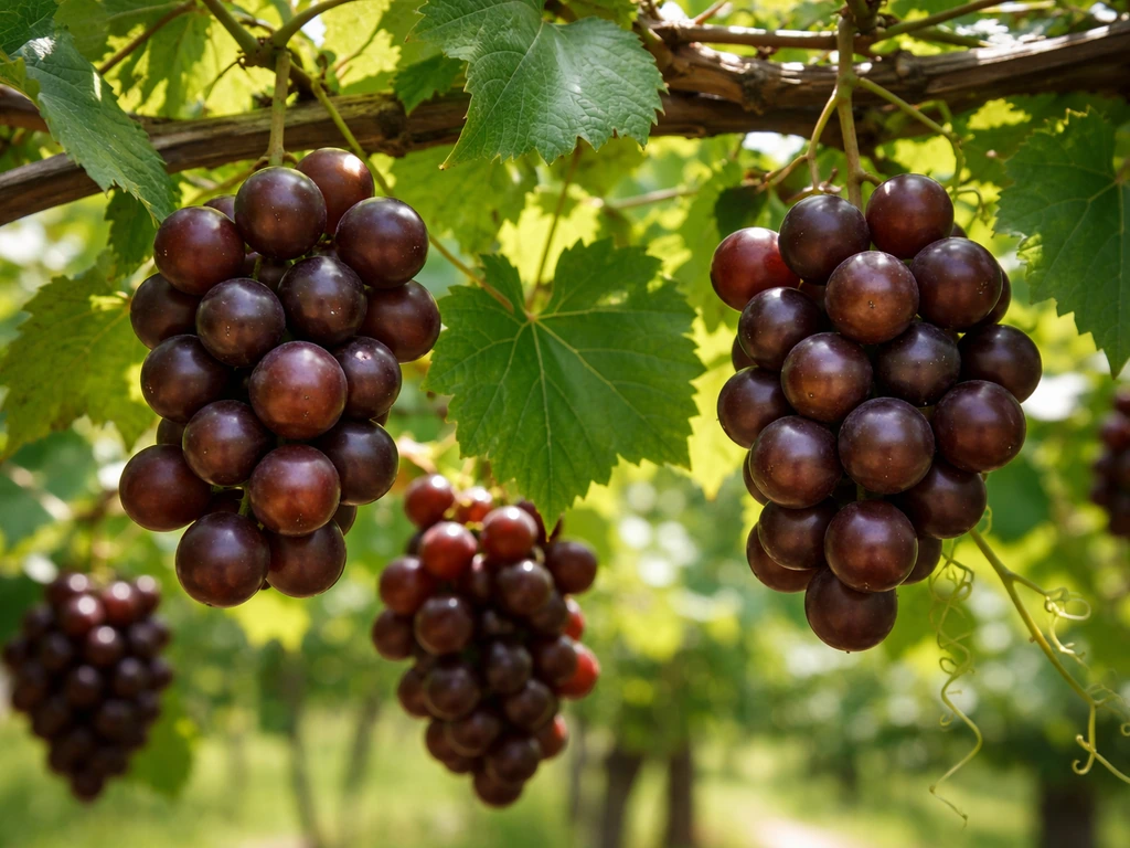 Close-up of muscadine grape clusters and green leaves on a sunlit vine