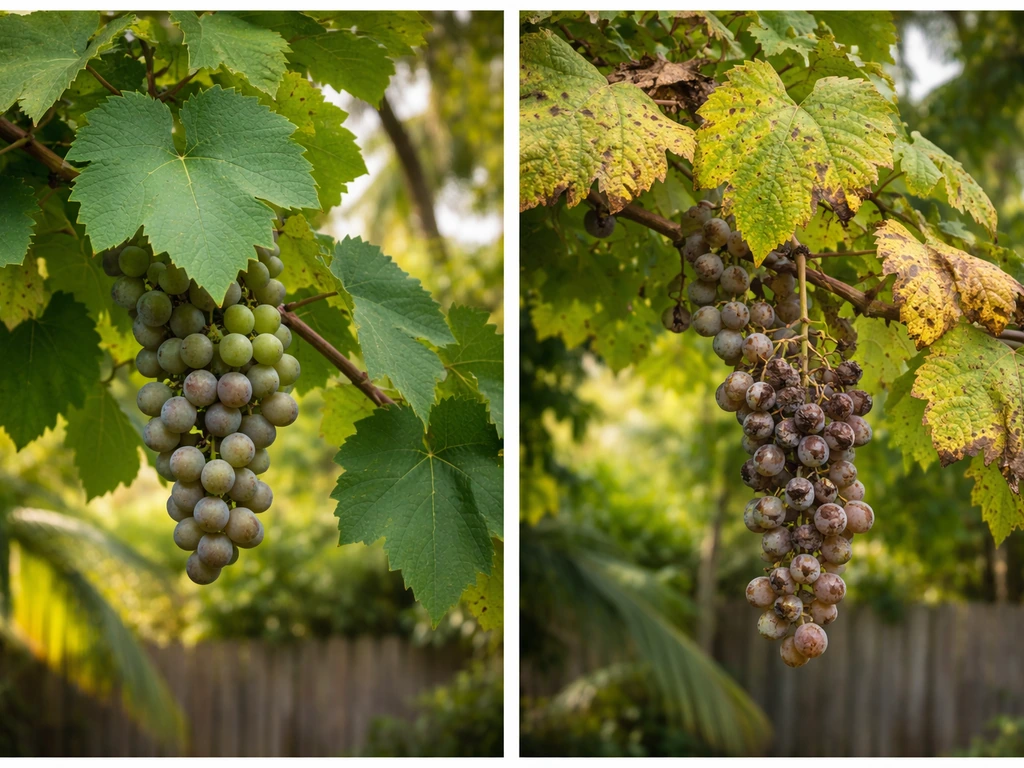 Split view of tropical-hardy and tropical-stressed grapevines: one healthy cluster, one struggling with damaged leaves.