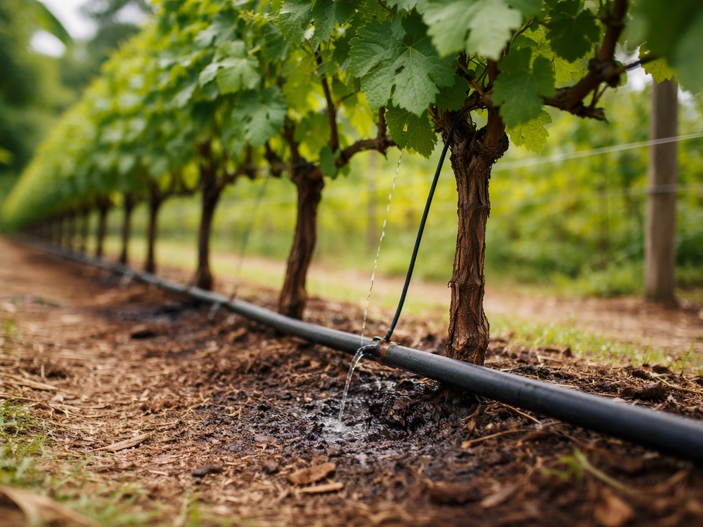 Drip irrigation tubing with emitters watering grapevines in a lush tropical vineyard row.