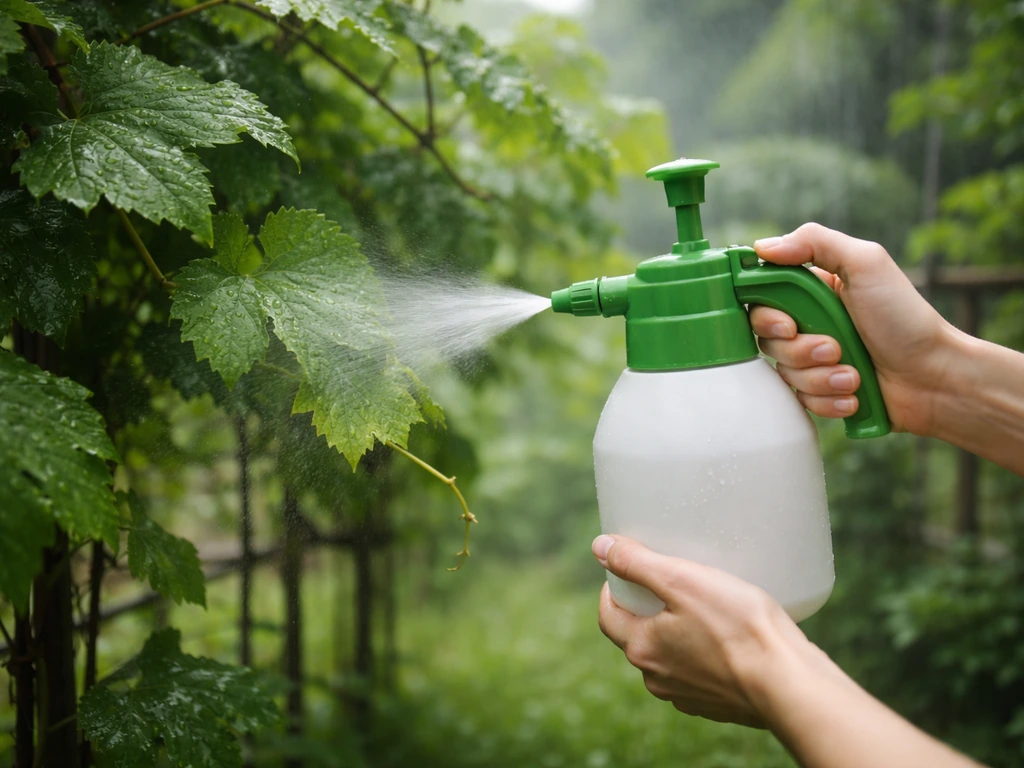 Hands mist grapevine leaves with a garden sprayer in a humid tropical garden before rain.