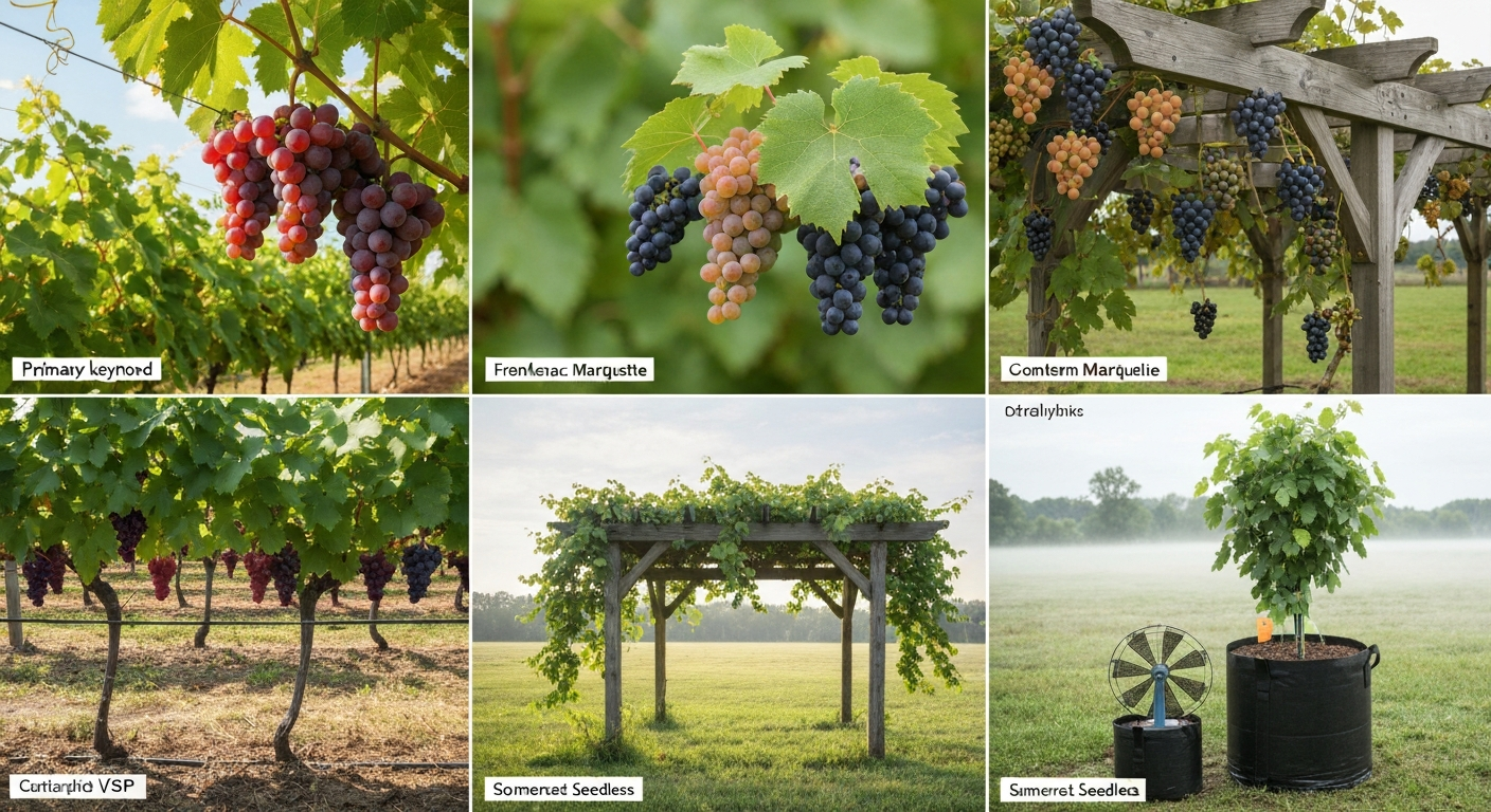Composite scene showing multiple grape varieties and growing setups: trellised vinifera row, muscadine on an arbor, cold-hardy hybrid on a farm backdrop, and a container-grown grape in a fabric pot; labels identify example varieties.