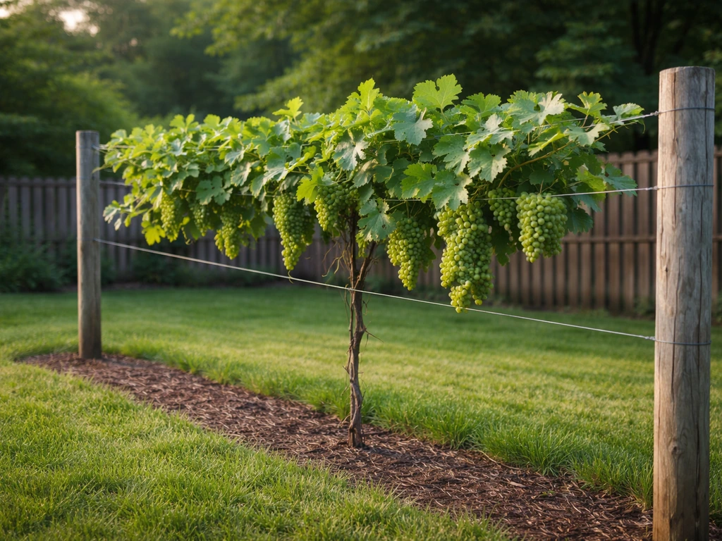 Maryland backyard grape vines on a trained trellis with in-season grape clusters