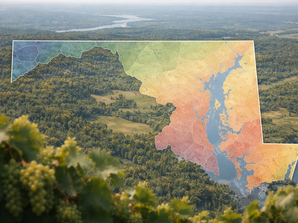 Minimal aerial view of Maryland with softly shaded climate zones and a few blurred grapevines in front.