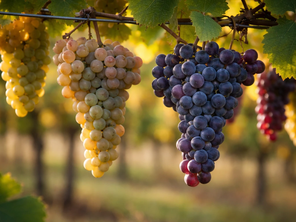 Close-up of ripe European vinifera grape clusters on a vineyard trellis wire in warm sunlight.