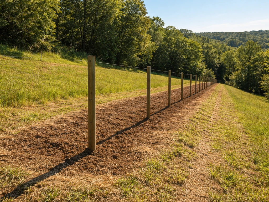 Open southern-facing slope with a cleared row and spaced vine posts in full sun.