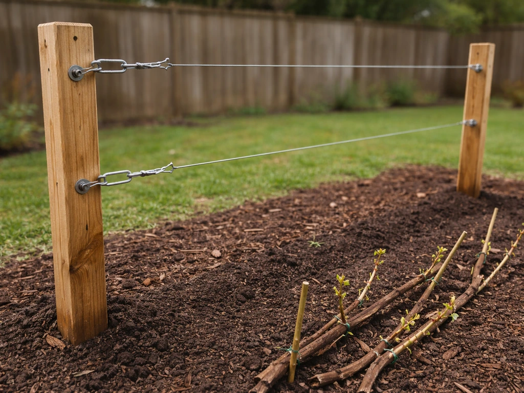 Close-up of wooden trellis posts with tensioned two-wire lines ready for bare-root vine training.