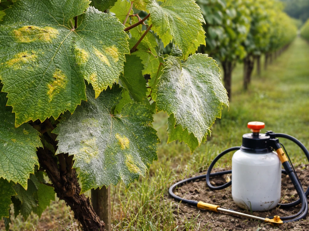 Close-up of grape leaves with downy mildew signs beside a simple vineyard sprayer setup