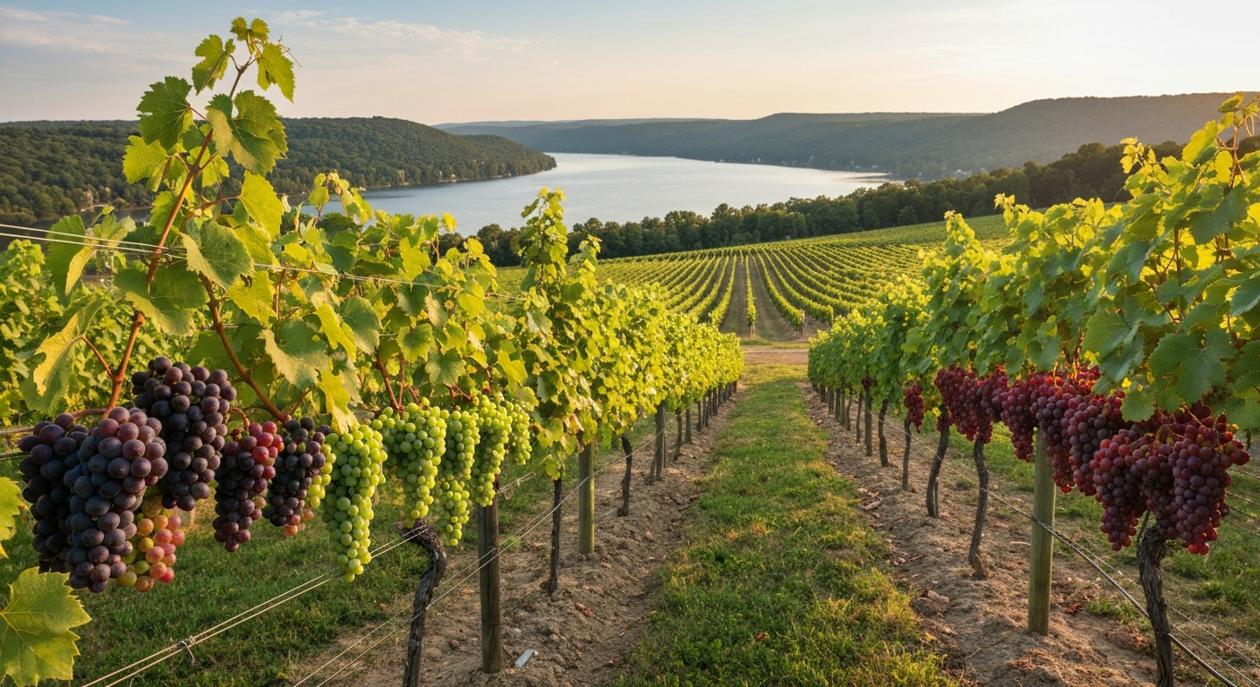 Panoramic late‑summer Upstate NY vineyard beside a Finger Lake, with rows of vines and ripe purple, green, and red grape clusters.