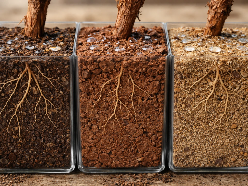Side-by-side loam, clay, and sandy soil with grapevine roots and visible water percolation cues.