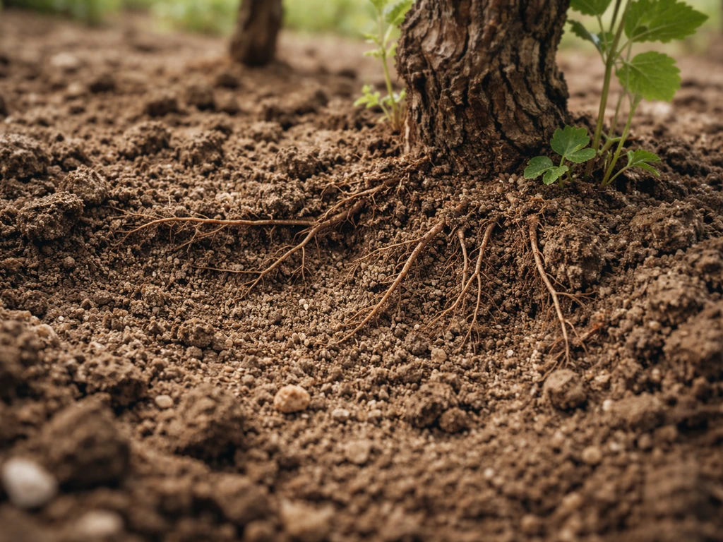 Close-up of grapevine root zone in crumbly loam soil with healthy vines and no standing water.