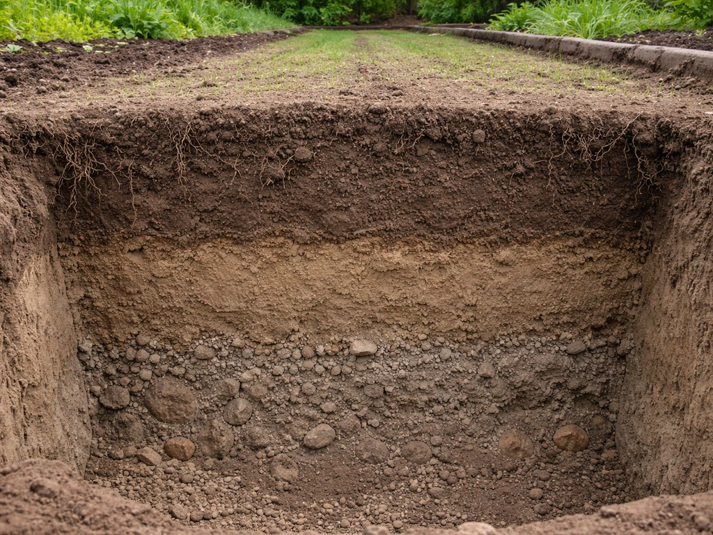 Staged garden trench cross-section showing loose topsoil above compacted hardpan and rock layers.