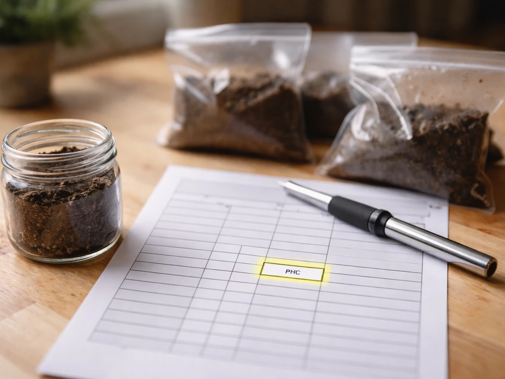 Lab-style soil test report with a highlighted pH area beside soil sampling tools and sealed bags.