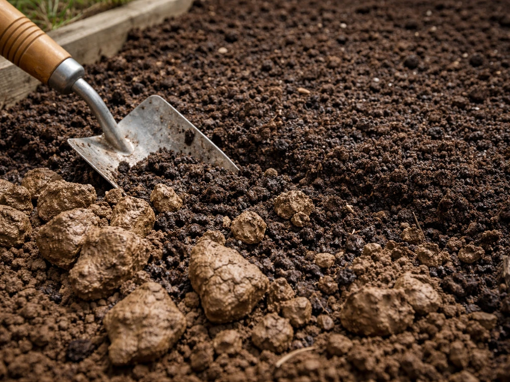 Close-up of clay soil clods being broken and mixed with dark compost in a garden bed