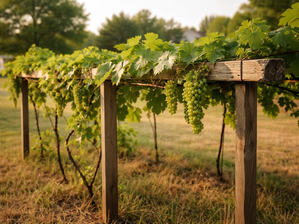 Grape vines on a backyard trellis in Oklahoma with summer sun and warm rural background.