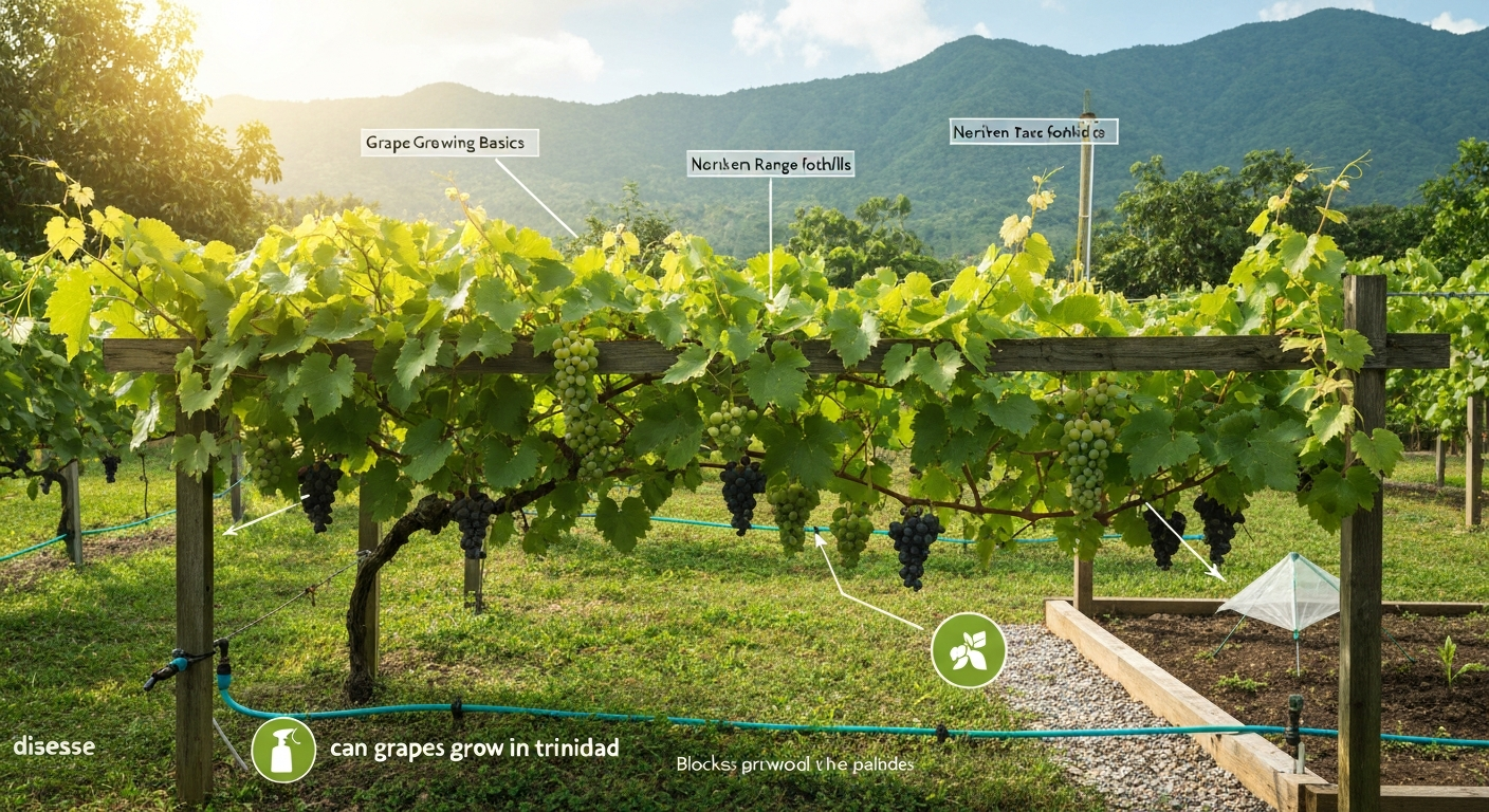 Grapevine on a wooden trellis in a tropical Trinidad garden with foothills in background, showing grape clusters, drip irrigation and raised bed.