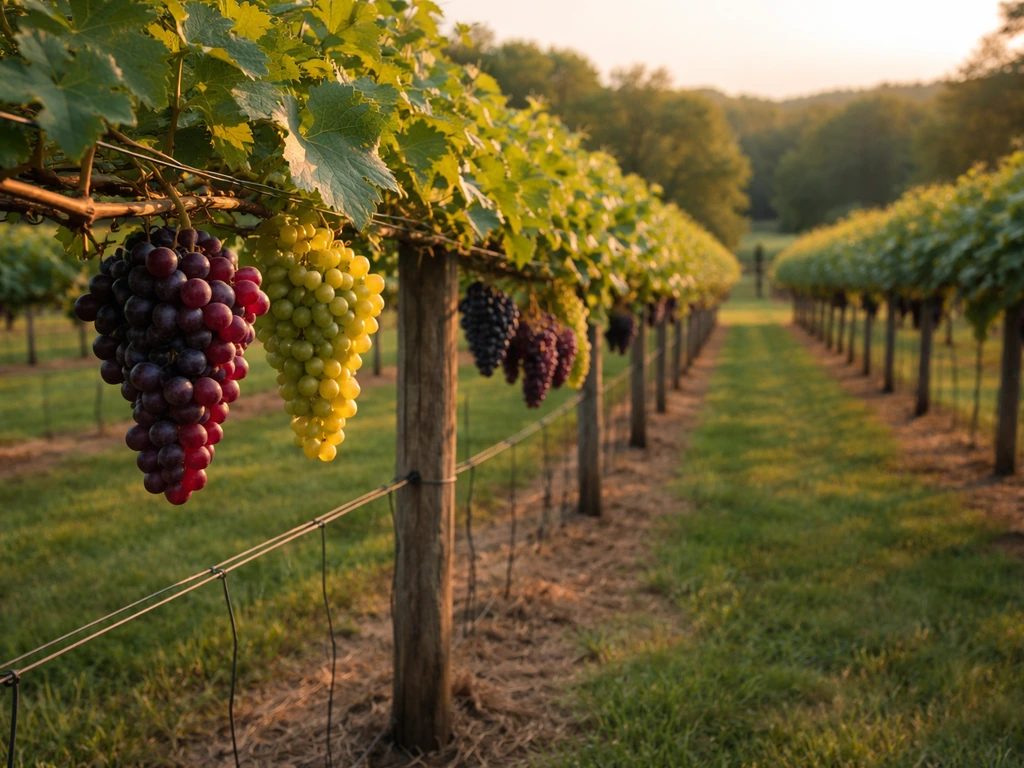 Ripe red and white grape clusters on a trellis in a Tennessee vineyard with soft golden-hour light.
