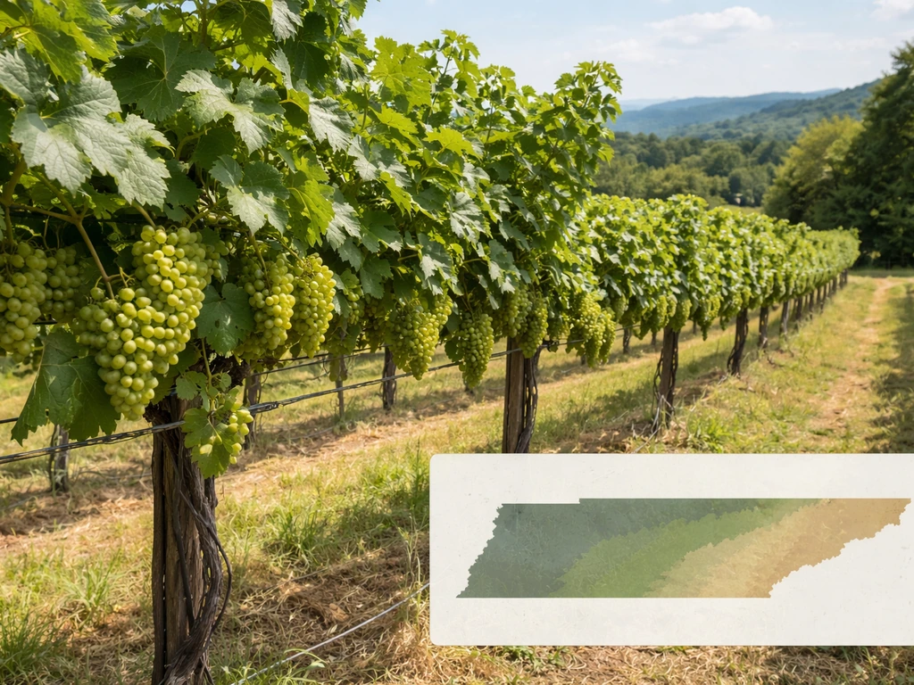 Grape vineyard vines with a subtle inset showing West/Middle/East Tennessee climate differences, no text.