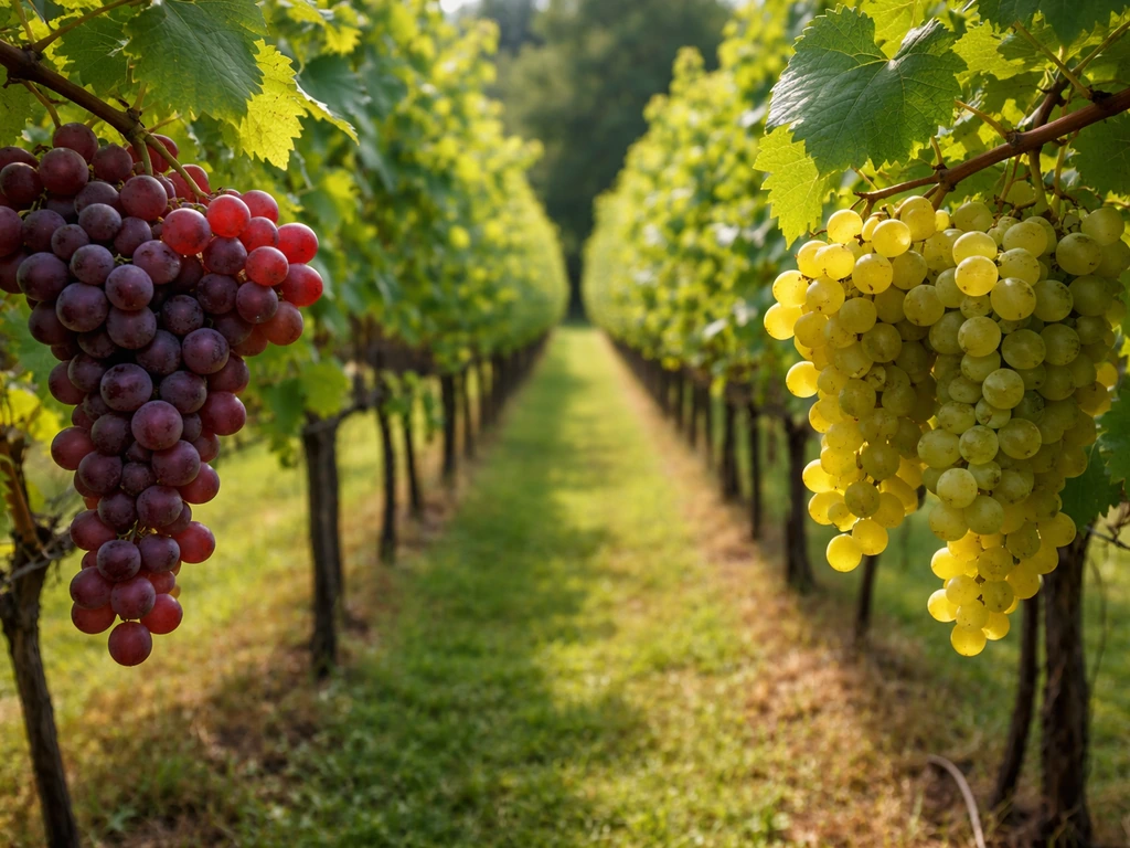 Red and white grape clusters hanging on a Tennessee vineyard vine in late-summer light.