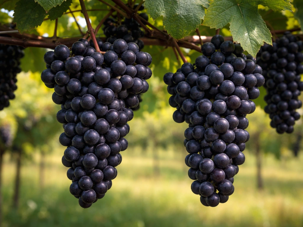 Close-up of ripening Norton/Cynthiana grape clusters on the vine with leaf canopy in natural light.