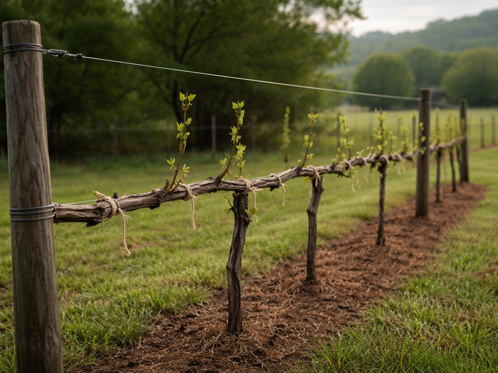 Pruned grape canes tied to a simple two-wire vertical trellis on Tennessee vines.