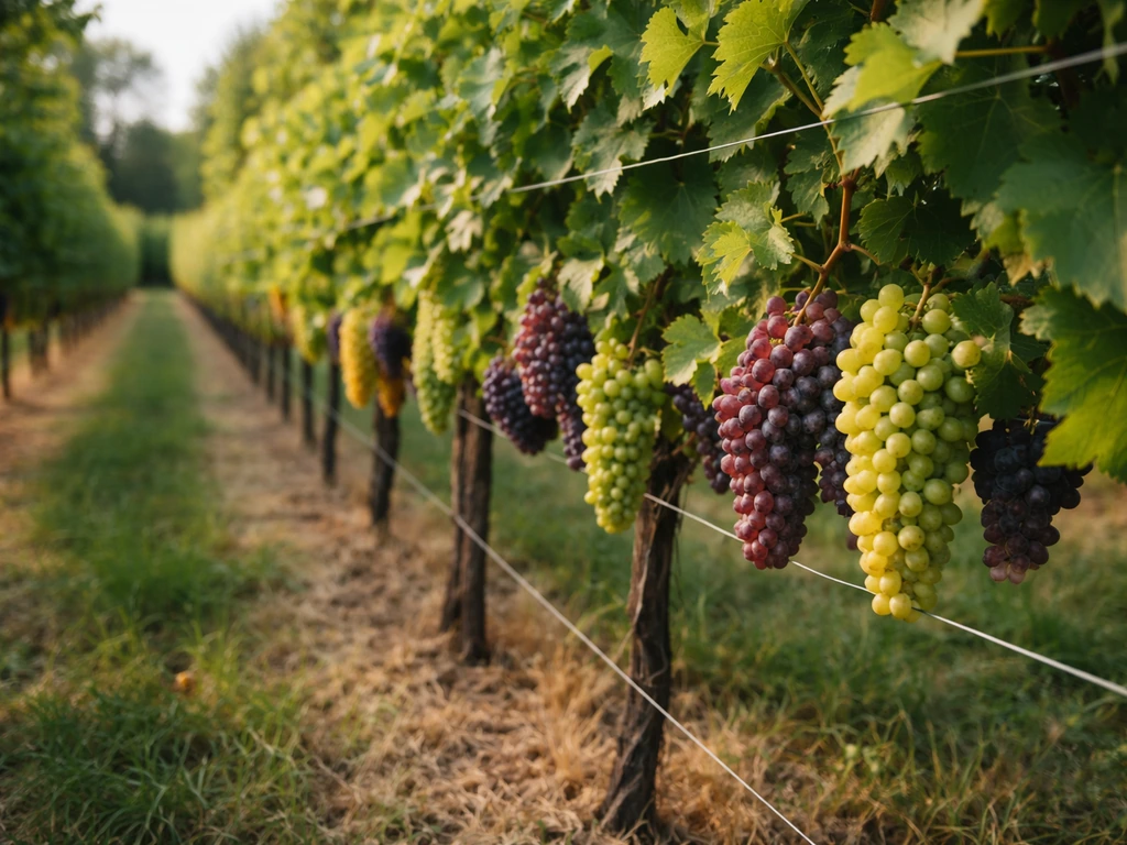 Close view of grapevines with sunlit leaves and fruit hanging in a quiet vineyard row.
