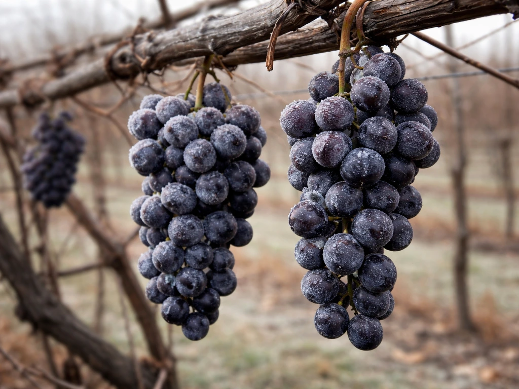 Close-up of Marquette-style grape clusters on a frosty vineyard trellis in winter.