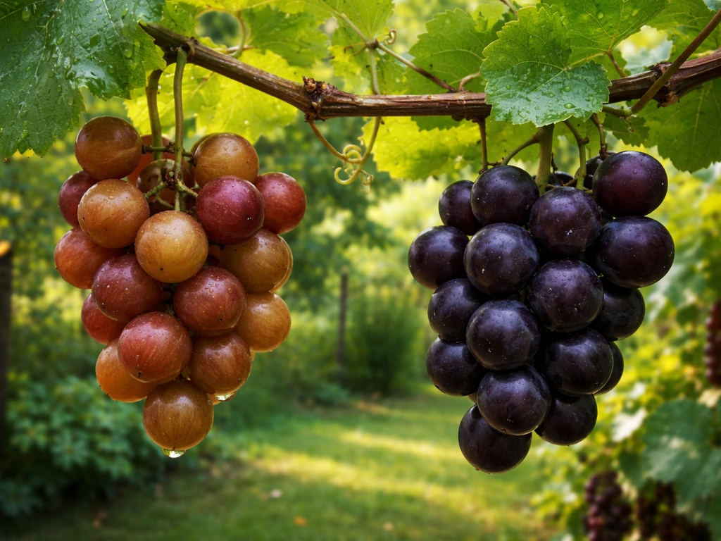 Close-up of muscadine grapes on a humid summer vine with bronze and dark clusters