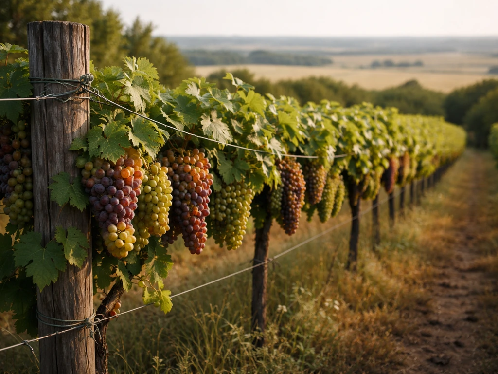 Sunlit Kansas grape trellis with abundant grape clusters against a distant prairie horizon.
