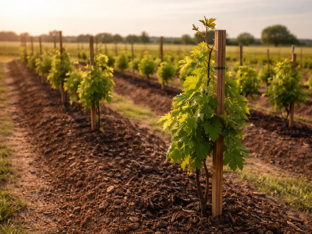 Sunny Kansas backyard with grapevines planted in full sun, evenly spaced with clear drainage between rows.