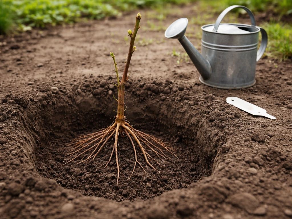 Bare-root grapevine roots fanned in a prepared hole during spring planting, with a nearby watering can