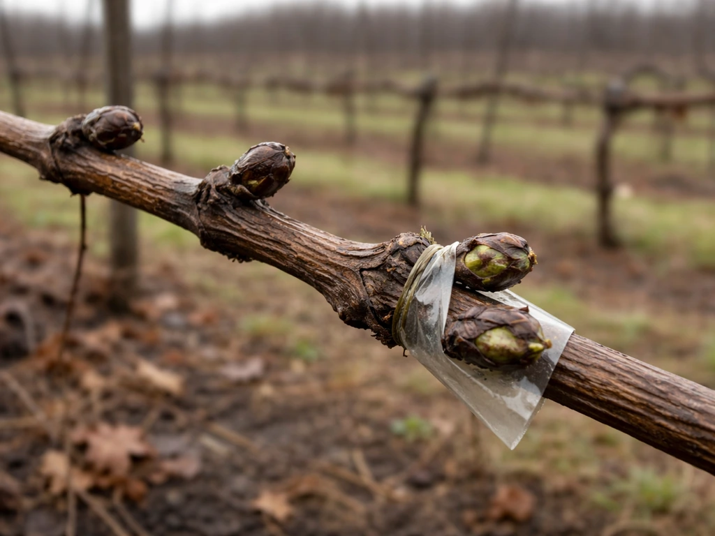 Close-up of a grapevine cane and buds with visible late-freeze damage and a protective wrap around them