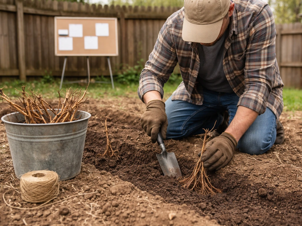 Anonymous gardener planting bare-root grape vines in a small backyard soil row.