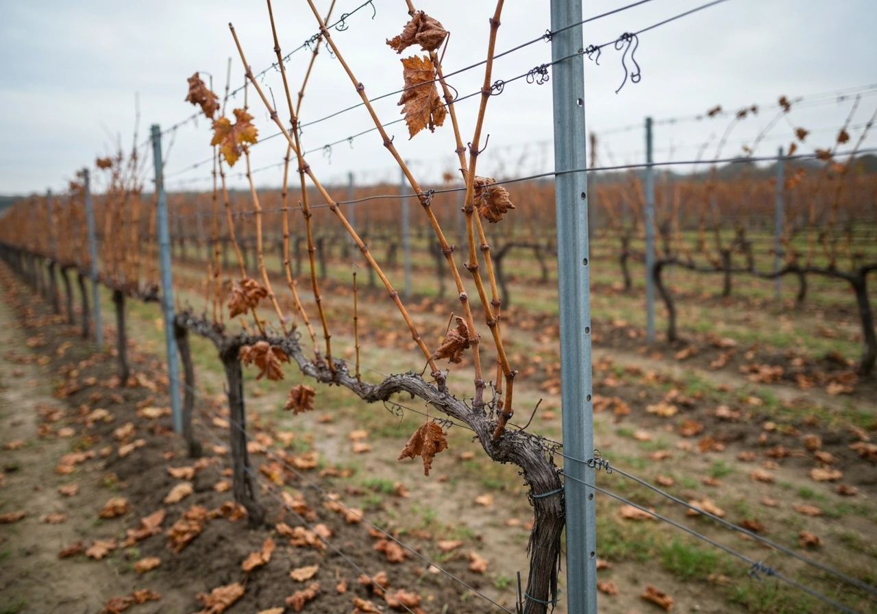 Dormant grapevine on a trellis in fall, branches bare with leaves fallen, overcast light.