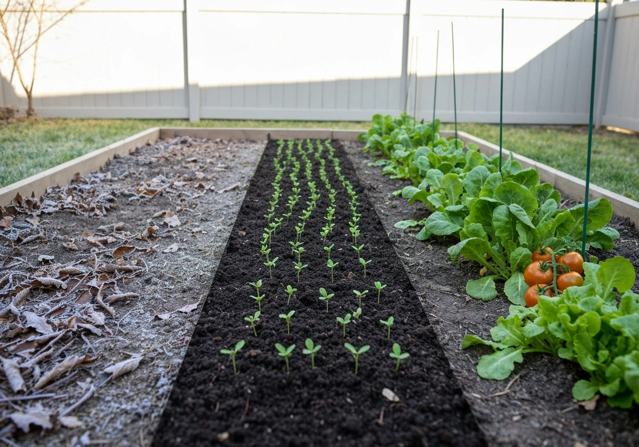 Backyard garden bed showing fall dormancy, spring seedlings, and summer harvest in one view.