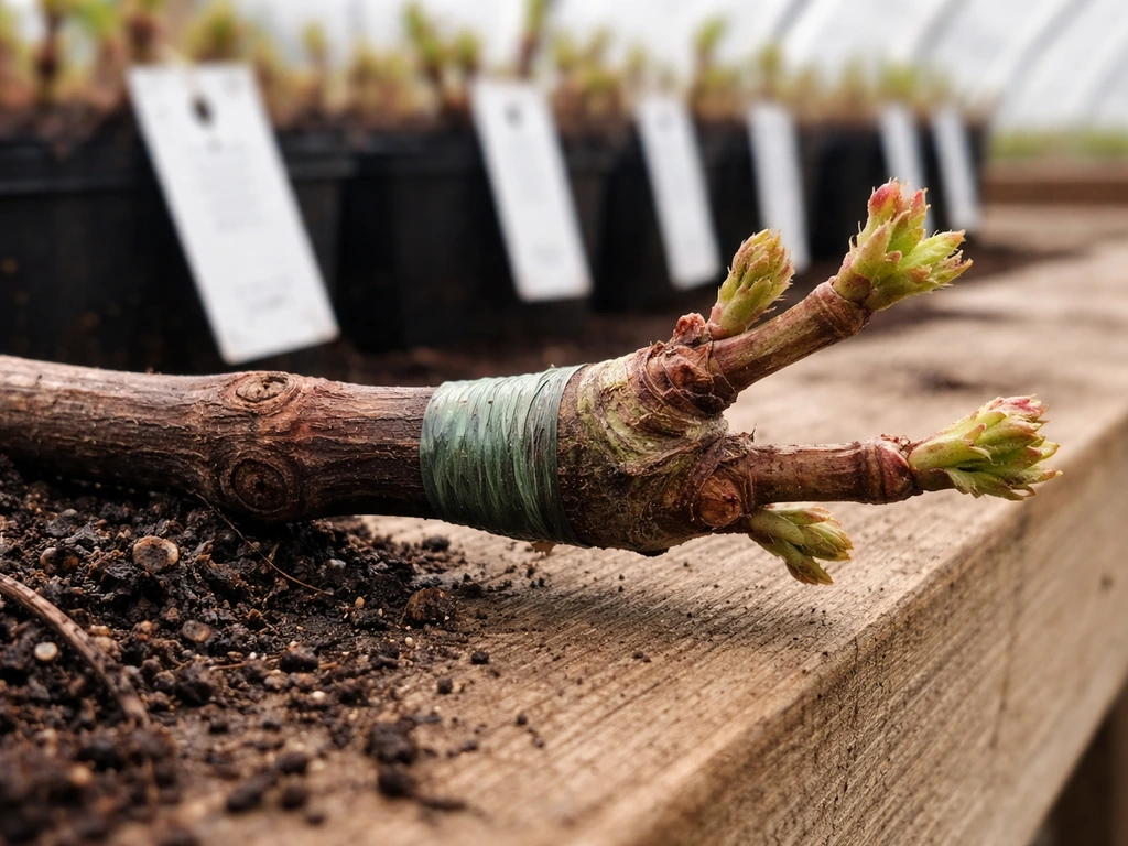 Close-up of a grapevine bud graft cutting on a nursery bench with blurred tags, suggesting selecting cold-hardy varietie