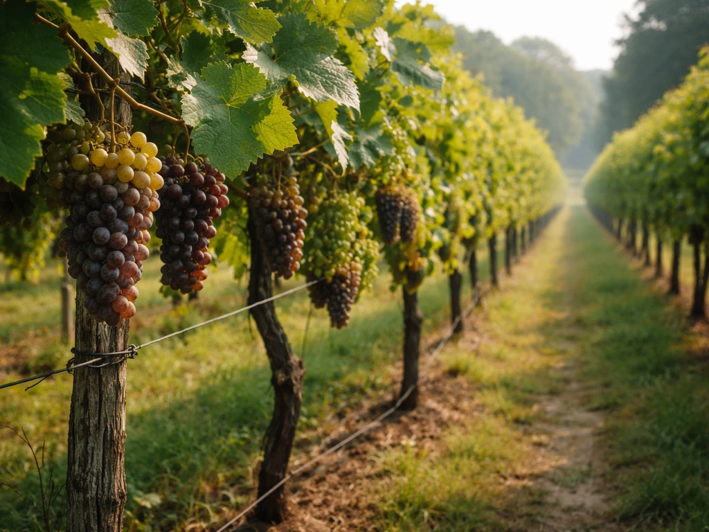Sunlit grapevine row in Tennessee with trellis wires, lush humid-summer leaves, and ripening clusters.